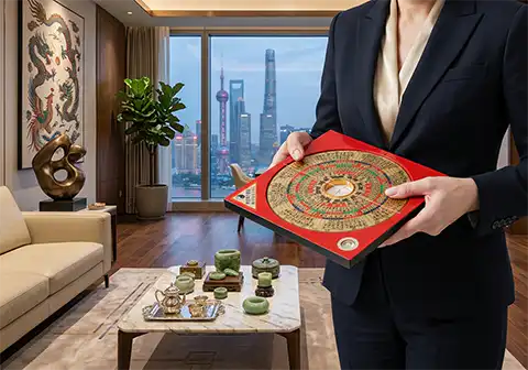 一位香港風水師在羅盤前的手繪風格插圖,搭配排行榜與攻略標題。