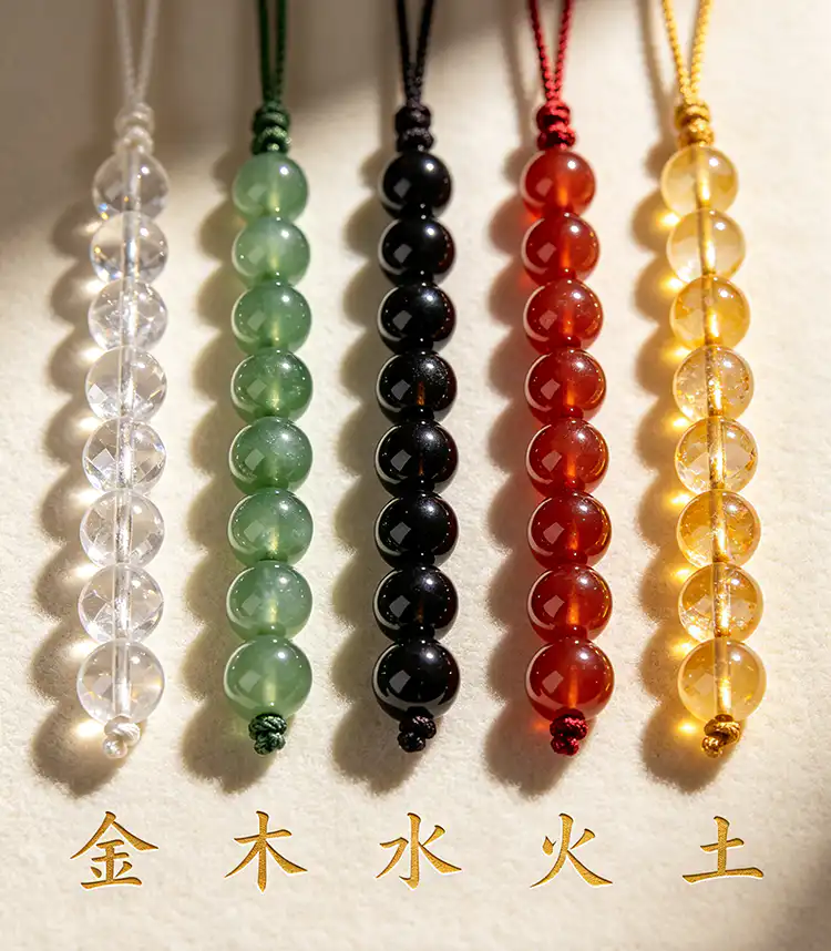 五行水晶手鏈,展示不同顏色水晶串珠。
